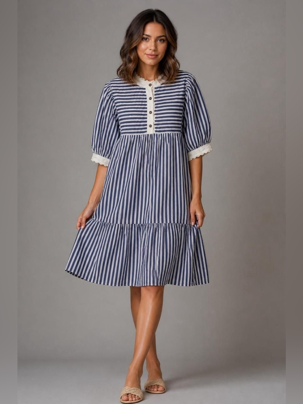 NWT Entro Navy White Striped Scalloped Trim Babydoll Mini Dress Size M Cotton